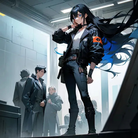 black hair, long hair, straight hair, male, man, blue eyes, tall, wiry, jacket, choker, armband, long boots, belt, waist pouch, with a black bandage, delicate facial features, toned, cyberpunk, inside, in the subway, determined, face