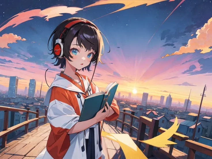 (Highest quality,4K,Very detailed),Anime Style,fan,Anime illustration,Digital Art,Detailed Description,short hair,Detailed digital anime art,Anime Style 4K,Night Sky,A girl studying with headphones