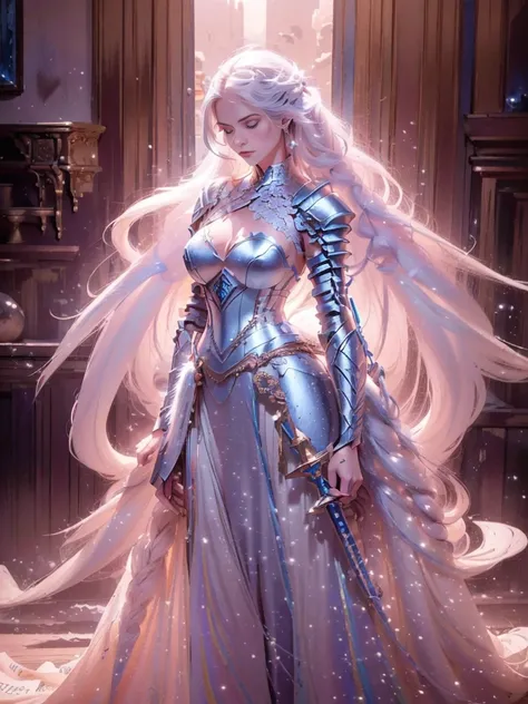 A beautiful girl with piercing blue eyes and long flowing silver hair, wearing ornate plate armor, wielding a large longsword, (best quality,8k,highres,masterpiece:1.2),ultra-detailed,(realistic,photorealistic,photo-realistic:1.37),intricate details,dramat...