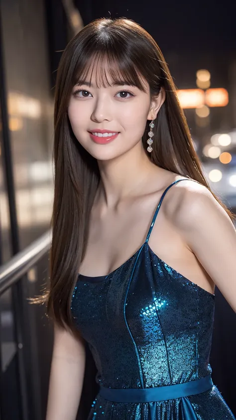 1girl,(wearing a blue glittery evening dress:1.2),(raw photo, best quality), (realistic, photo-realistic:1.4), masterpiece, an e...