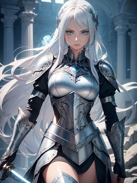 a beautiful girl with piercing blue eyes and long flowing silver hair, wearing ornate plate armor, wielding a large longsword, (...