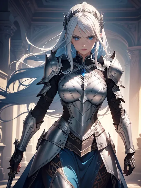 a beautiful girl with piercing blue eyes and long flowing silver hair, wearing ornate plate armor, wielding a large longsword, (...