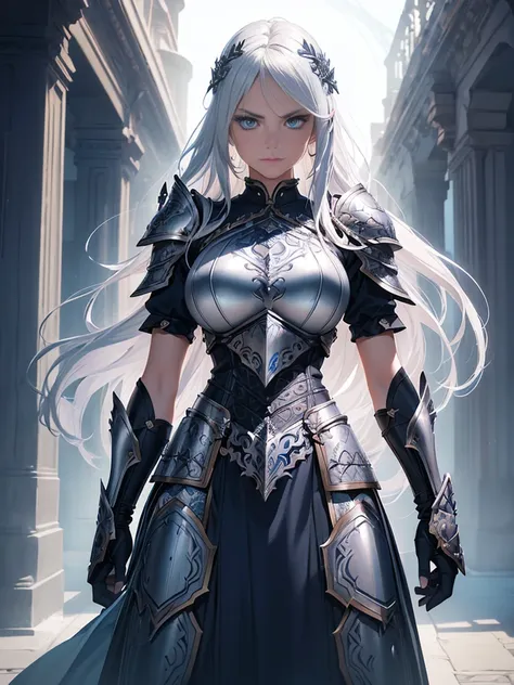 a beautiful girl with piercing blue eyes and long flowing silver hair, wearing ornate plate armor, wielding a large longsword, (...