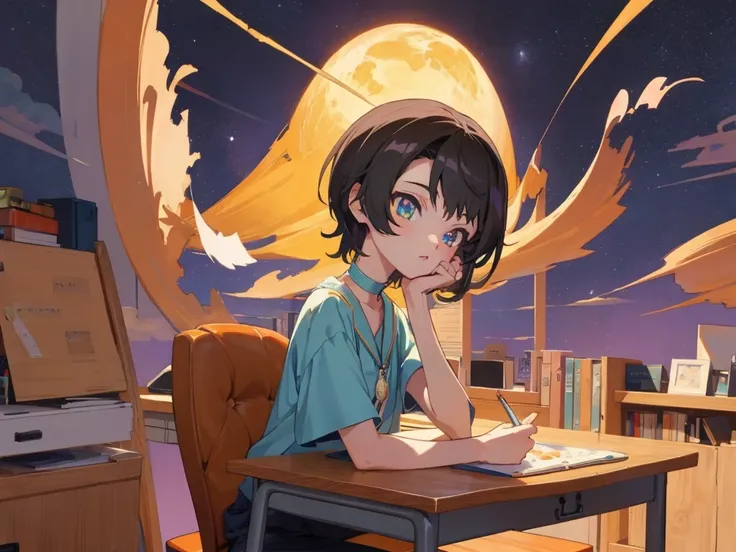 (Highest quality,4K,Very detailed),Anime Style,fan,Anime illustration,Digital Art,Detailed Description,short hair,Detailed digital anime art,Anime Style 4K,Night Sky,Night Cafe,Study at your desk,Drawing from head to waist