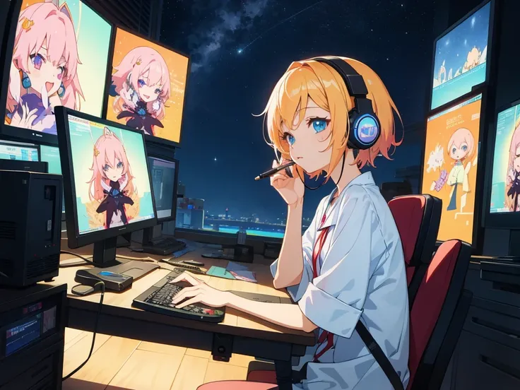 (Highest quality,4K,Very detailed),Anime Style,fan,Anime illustration,Digital Art,Detailed Description,short hair,Detailed digital anime art,Anime Style 4K,A girl working on a computer with headphones on against the night sky