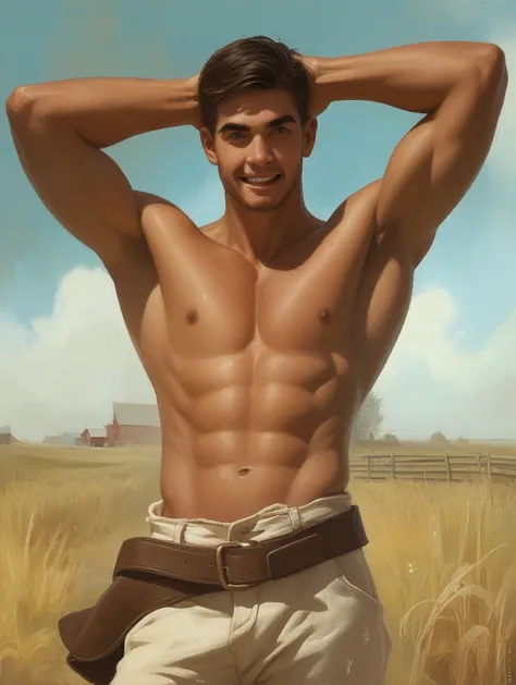 A young man standing about 6 feet tall, his body was sculpted from hard work on the farm. The not-so-defined muscles in his arms and chest were evident whenever he removed his shirt, displaying the physique but authenticity of a farm worker. His face was a...