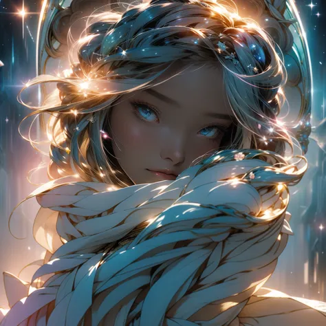 jewelry, delicate makeup, creating a soft light effect. In the style of anime and fantasy art, crystal, delicately drawn, gentle, peaceful, dreamy, soft, pastel tones, golden stars decorate her eyelids, light coloring, goddess, curl, White eyes, White eyeb...