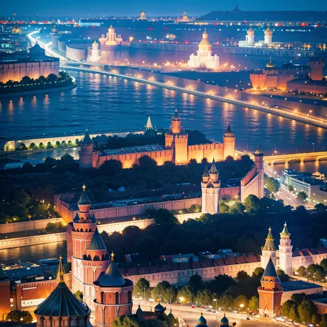 blue sky, evening light, (Aerial View of Kremlin complex of buildings:1.6), ((Beautiful woman is Floating in the Air)), Delicate white BodySuit, (Detailed beautiful face), wide angle lens f/2.8, ultra insane high resolution intricate textures, texture inde...