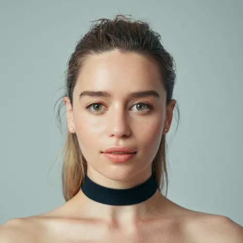 (Skin texture, pores, blemishes), Super high res portrait photo of a pretty woman wearing a small choker,f /2.8, Canon, 85mm,cinematic, high quality, skin texture, looking at the camera, skin imperfections, mouth open, tongue, realistic mouth, 