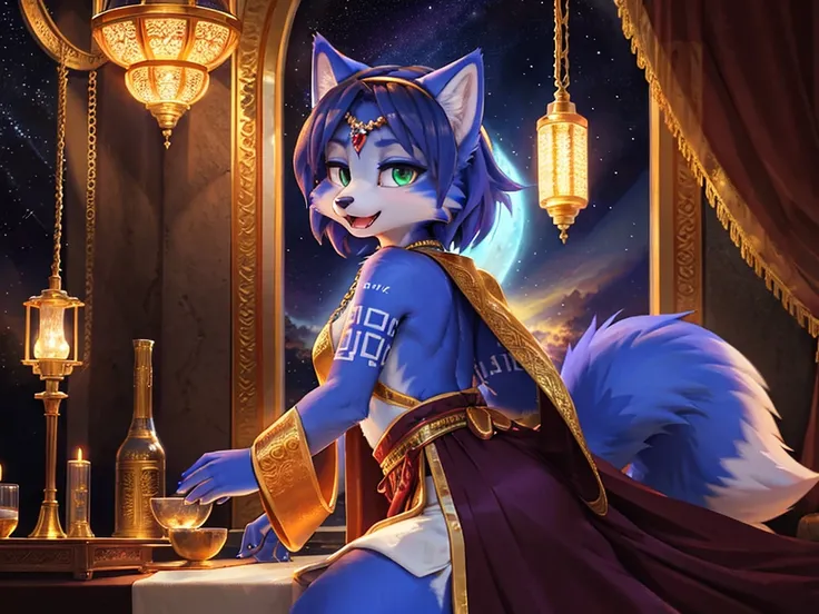 A beautiful and detailed (sweet picture) wa ((krystal)), Star Fox Krystal, sslim, lovable, green eyes, medium breasts, (((Long blue hair 1.3))),  ((black hair tips)), Decollete, grin, look up,, anthro, furry, Uploaded E621, detailed fluffy fur, (wa Fluff-K...