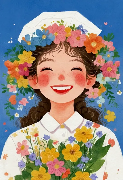 Portrait of a girl holding flowers，Laugh out loud，teeth， Folk Art, cute illustrations, Samada, Japanese illustrator,Lots of flowers, a beautiful artwork illustrations,Bring flowers, Print!, beautiful digital illustrations, Nurses Day，Nurse hat
