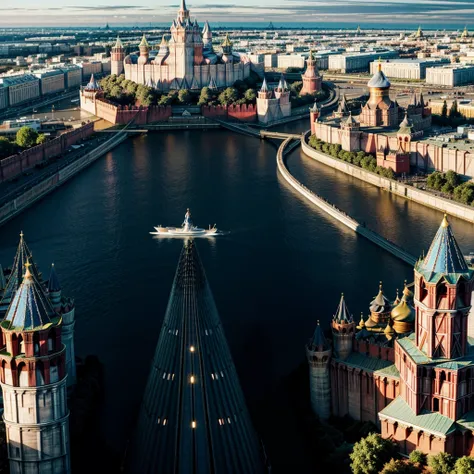 blue sky, evening light, (aerial view of kremlin complex of buildings:1.6), ((beautiful woman is floating in the air)), delicate...