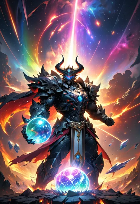 the holy sword durandal, shatters the transparent crystal ball, erupting rainbow cosmic rays and sending the galaxy hurtling tow...