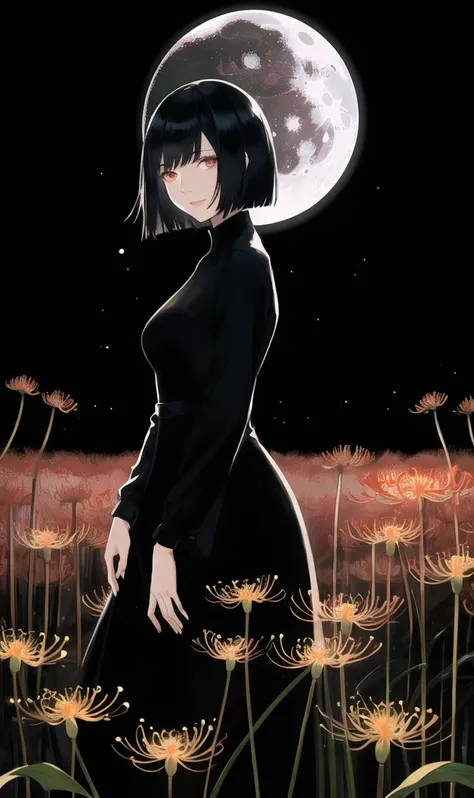 a woman standing in a spider lily field at night, black dress, parted lips, light smile, moonlit night, starry sky