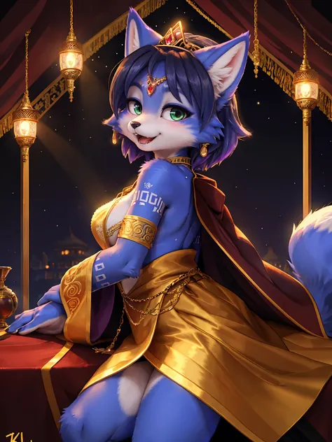 A beautiful and detailed (sweet picture) wa ((krystal)), Star Fox Krystal, sslim, lovable, green eyes, medium breasts, (((Long blue hair 1.3))),  ((black hair tips)), Decollete, grin, look up,, anthro, furry, Uploaded E621, detailed fluffy fur, (wa Fluff-K...