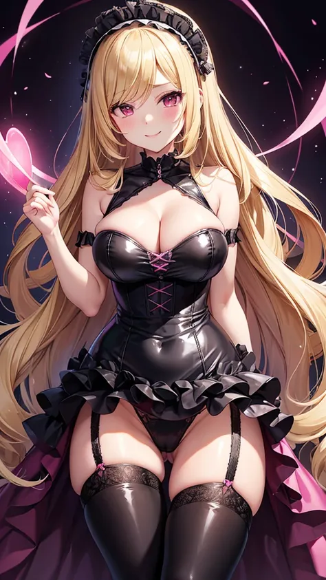 Erotic、Lusamine、Blonde、Big Breasts、Tight waist、Gothic Lolita、Curly Hair、Fluffy dresses、Pink and black latex dress　Pink line、adult、Married Woman、Evil female executive、tall、sexy、Wicked Smile、lure、Alluring、excited、Pitch black background、Dark bedroom at night、...