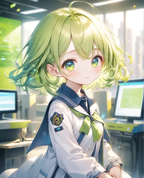 (Highest quality,8k,32K,masterpiece,Ultra-high resolution :1.2 ),born,One girl,Super cute,Natural light,Clear, shining eyes,20-year-old,Fair skin,Electronic world fantasy background,Green Hair,In uniform, 学born服, 