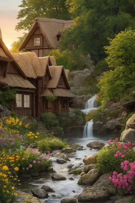 Fantasy art, Dream Cottage, Water flow, Colorful flowers, Pebble, Bush, Sunset.
Highest quality, masterpiece, High resolution, Very detailed, Sharp focus, Cinema Lighting, Vibrant colors,