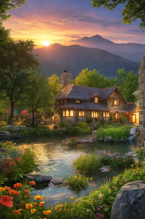 Fantasy art, Dream Cottage, Water flow, Colorful flowers, Pebble, Bush, Sunset.
Highest quality, masterpiece, High resolution, Very detailed, Sharp focus, Cinema Lighting, Vibrant colors,