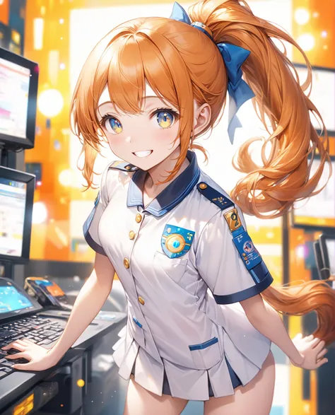 (Highest quality,8k,32K,masterpiece,Ultra-high resolution :1.2 ),born,One girl,Super cute,Natural light,Clear, shining eyes,20-year-old,Fair skin,Electronic world fantasy background,Orange Hair,In uniform, 学born服,Grin, Adult body, ponytail