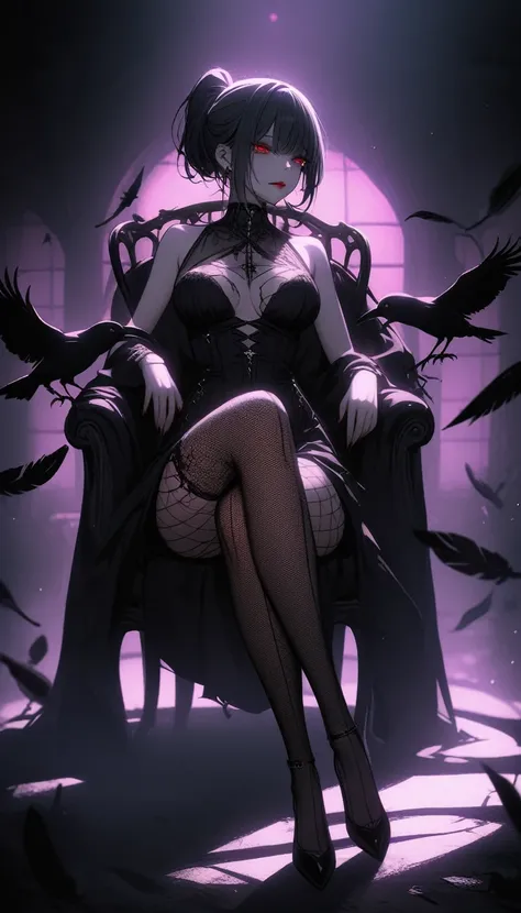 （Dark atmosphere，Gothic Fashion，Bright colors），（Highest quality，Super exquisite item，）,Large Breasts，Sexy Goth Vampire Girl，In the rose garden at night，Beautiful and delicate eyes，Black straight ponytail with blue tip，Crows feathers，Red lipstick，Mysterious...