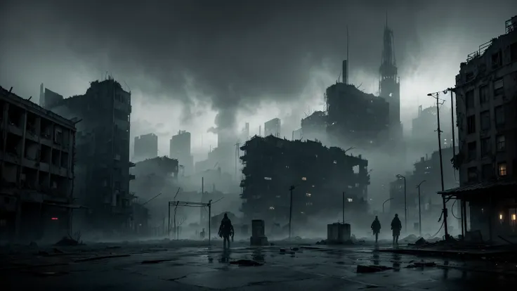 Dystopian ruined cityscape、Very creepy and dark、There is a thick fog