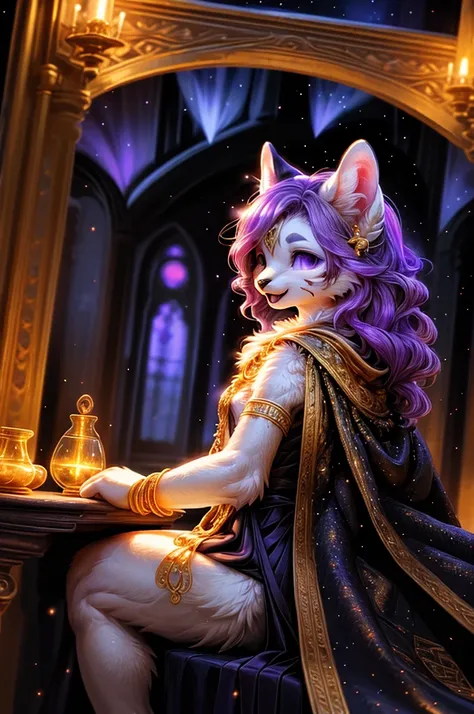 ASCIIrealisti, ​masterpiece,
(Three quarters back) VIEW, back, over shoulder, shot above,
adorable (feminine (anthro ((grau|black) cat))), detailed and extremely fluffy body fur,
shiny coat, purple eyes, small breasts, adorable fangs,
sit on a table, sexy ...