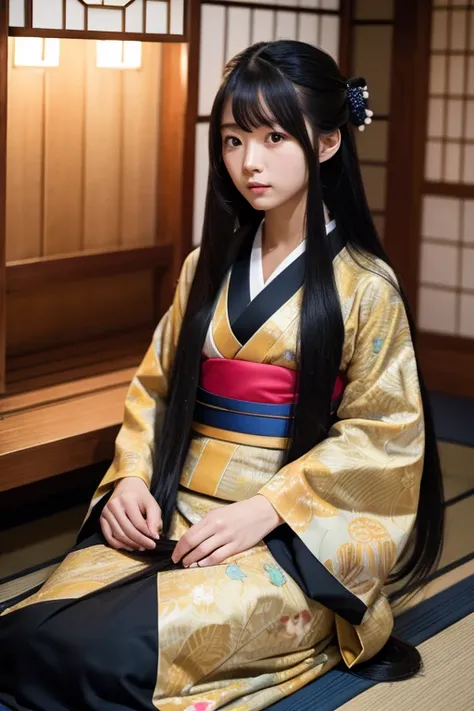 1girl, solo, long_hair, black_hair, long_sleeves, very_long_hair, japanese_clothes, kimono, absurdly_long_hair