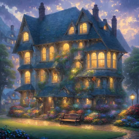 there is a woman sitting on a bench in front of a house, beautiful art uhd 4 k, 4 k matte thomas kinkade, tomas kinkade, rhads a...