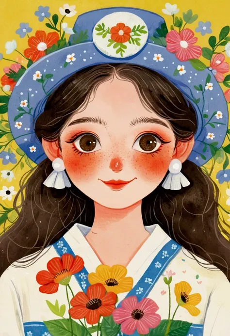 portrait of a girl holding flowers，big eyes，laugh out loud，teeth， folk art, cute illustrations, samada, japanese illustrator,lot...