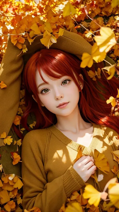 Red-haired anime girl covered in ginkgo leaves,forest,autumn leaves