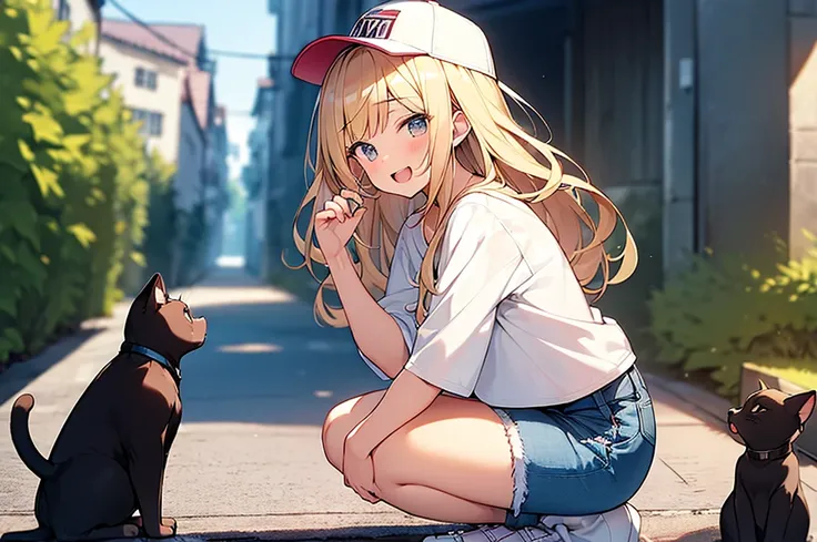 (Masterpiece, Top quality:1.5), 1 beautiful girl, squatting down, from side, Blonde, medium Hair, wavy Hair, asymmetry bangs, swept bangs, airy hair, large breasts:1.2, 16 year old, standard weight, (casual fashion, Shorts :1.3), baseball cap, smile:1.3, b...