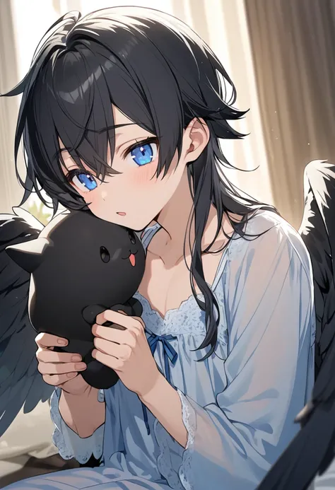 male, blue eyes, black hair, nightgown, black wings, shota