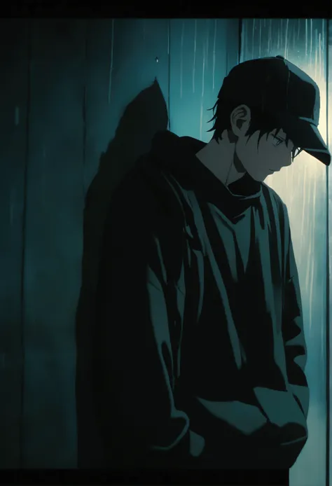 Anime photo with a thin black-haired boy leaning against the wall and looking at his body and face to the left, He has a black cap with a black sweatshirt and in the background there is a moon and it is night, the boy looks down sadly and it rains, 4k