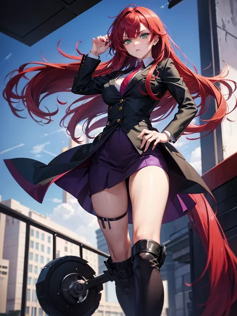 girl, green eyes, long red hair, she hair messy wavy. wear purple black uniform, arogant, independent woman, thug. bad girl. itimidating women. agent. elegant. fighting