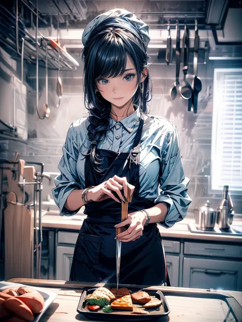 Teenager  female ，Wearing dark blue clothes and white apron，Wearing chef hat，Cooking in the kitchen。Medium shot composition，Full body pictures，color，Anime illustration style，HD，4K。