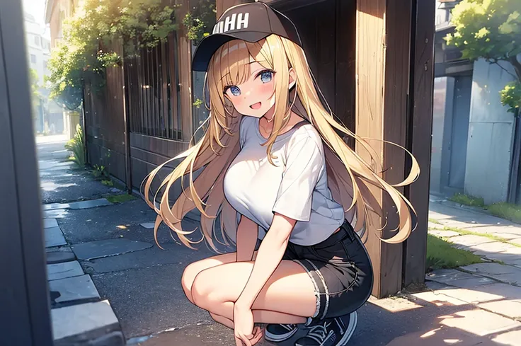 (Masterpiece, Top quality:1.5), 1 beautiful girl, solo, squatting down, from side, Blonde, medium Hair, wavy Hair, asymmetry bangs, swept bangs, airy hair, large breasts:1.2, 16 year old, standard weight, (casual fashion, Shorts :1.3), baseball cap, smile:...