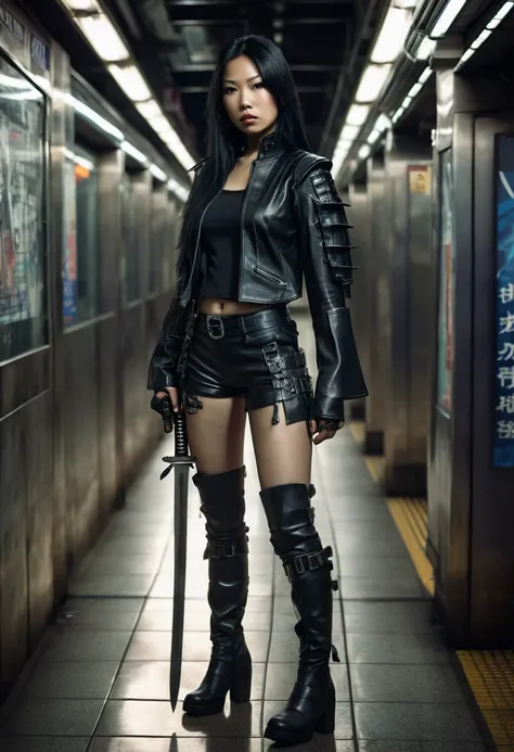 hyper realistic image of an Asian woman with long black hair, dressed in a black leather blouse and shorts. She has two samurai swords strapped to her side with black leather straps and is wearing high-heeled black leather boots. She is striking a random p...