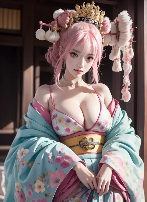 traptrixmantis,short,the most beautiful highly detailed layed kimono with sash and ribbons,solo, 1girl pink hair,full body, massive accentuated super huge enormously gigantic breasts cleavage, biy , sitting spreading her legs open, Shinto shrine background...