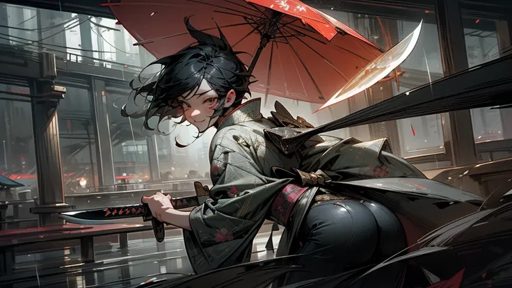 masterpiece,Highest quality,Ultra-fine illustrations,Very detailed,Beautiful background,Perfect Face,Perfect hands,Dynamic Angle,Ink painting style,ass pov,Dynamic Scene,kimono,knife,short hair,rain,battlefield,Beautiful background,Fearless Smile,Ii Slash
...