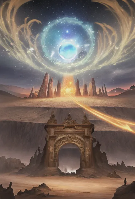 landscape, scorched earth, red earth, dimensional gate, demonic energy, portal (object), giant arch with statues, particles, desert, night, stars, volumetric lighting, best quality, masterpiece, hand painted textures, intricate details, realistic, wrcrft 