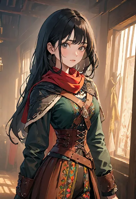 (black hair), black hair 1:4, multicolor patterned clothing 1:5, colorful clothing, female adventurer, game art style, (masterpiece 1:5), colorful clothing 1:5, scarves, leather belts, half skirt over pants and boots, flowing blouse and leather corset, bes...