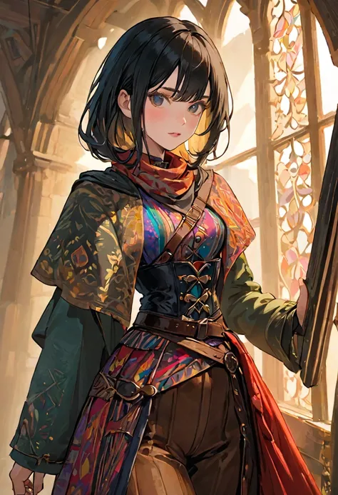 (black hair), black hair 1:4, multicolor patterned clothing 1:5, colorful clothing, female adventurer, game art style, (masterpiece 1:5), colorful clothing 1:5, scarves, leather belts, half skirt over pants and boots, flowing blouse and leather corset, bes...