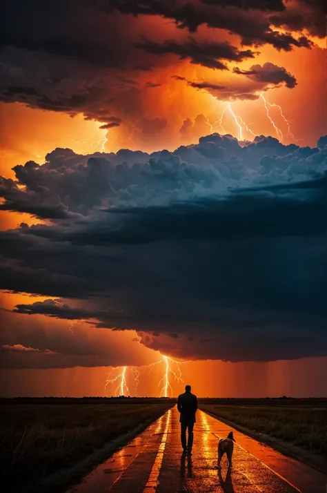 A man standing in opposite direction with a dog beside him, facing a thunderstorm. Apocalypse, hd, orange vibe.