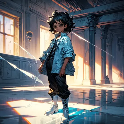 Solo character, full body version, kid boy, black eyes, black hair, Curly hairstyle, sunglasses, casual clothing, white shirt, white boots, detailed shadow, (one piece style art), indoor room ice floor, Nitrogen smoke, glow ice effect, standing gesture, ha...