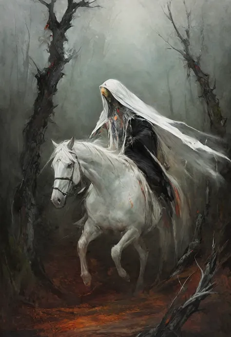 a sinister creepy figure in a white veil riding a pale horse through desolate moors, old dead trees, atmospheric barroque style oil painting, dark moody lighting, dramatic high contrast, intricate detailed textures, cinematic composition, gothic horror, me...