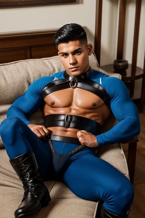 A handsome young Latino man, 19 years old, shirtless, military haircut, black hair, brown eyes, intense look, affiliated features, no facial hair, height 1.80, weight 50 kilos, aesthetic build, dressed in blue lycra pants, black riding boots, lying down, o...