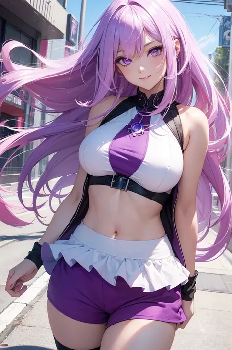 1girl (masterpiece, round_iris, extremely crisp crystalline shiny purple eyes, perfect_anatomy, extremely_captivating_hypnotic_mystic_eyes, ) perfect face, long pink hair, smiling evil, giant breasts, shorts and white top, outside, going for a walk, dynami...