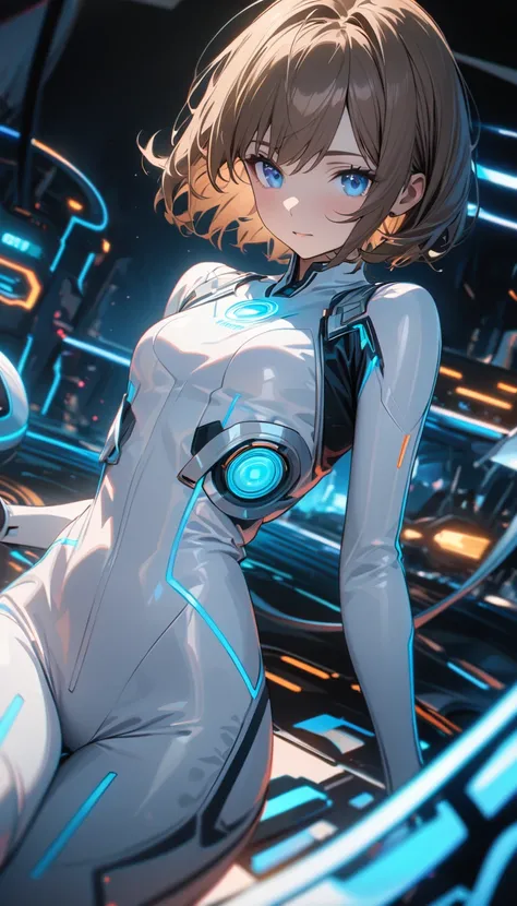 young girl, short brown hair, blue eyes, white bodysuit, TRON, Masterpiece, best quality, Full HD, 8k, ultra details, great graphic