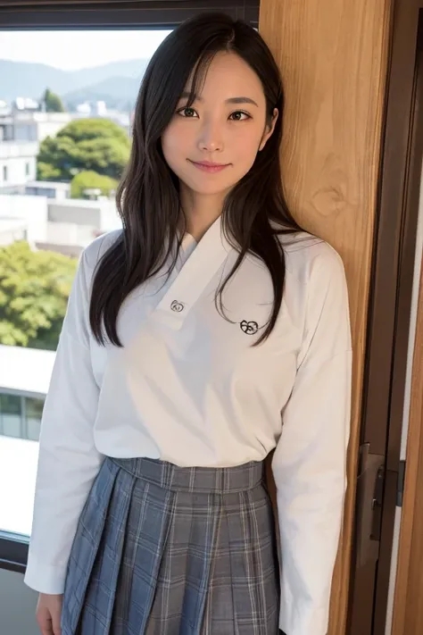 One Girl, Mature Woman, Highest, kyudo, photograph, Realistic, Highest品質, uniform, Detailed face, office, Building seen from the window, Detailed Background, Diffused sunlight, Written boundary depth, Bokeh、naked、16K 、Small breasts、Lift the hem of a skirt、...